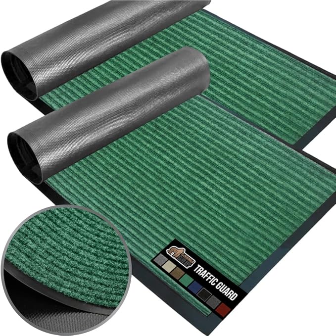 GORILLA GRIP Waterproof Traffic Guard Door Mat, 2 Pack Heavy Duty Entryway Mats, Strong Rubber Back Commercial Utility Rugs for Office Hallway, Garage Floor and Home, Low Profile Carpet, 35x23, Green