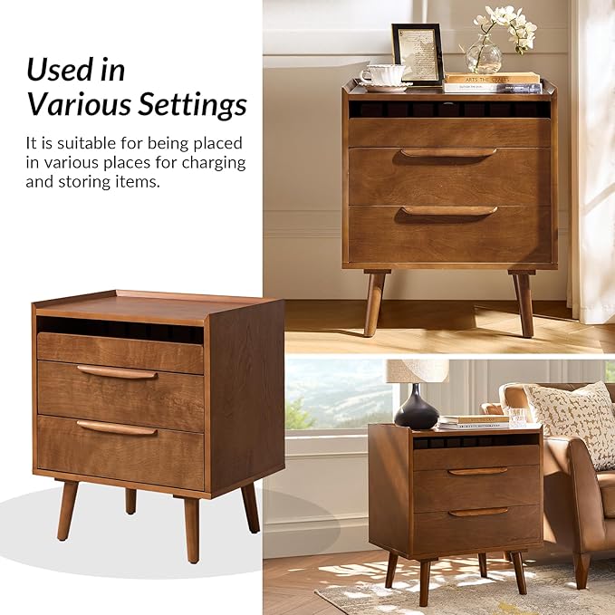 HULALA HOME 2 Drawer End Table with Pull-Out Shelf, Mid-Century Modern End Table with Wood Legs, Wood Side Table with Charging Station(Acorn)