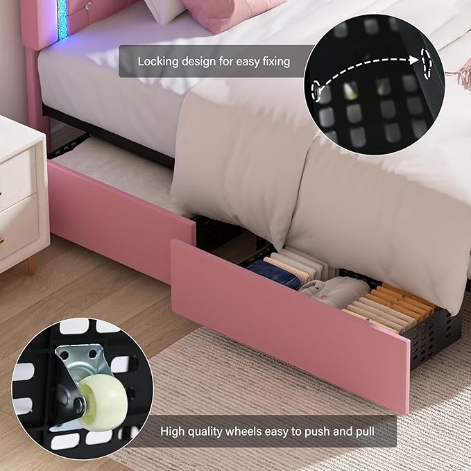 Pink King Size Bed Frame with LED Lights, Upholstered Platform Bed with Diamond Tufted Headboard, Princess Bed Frame with Storage Drawers, Wooden Slats Support, No Box Spring Needed, Easy Assembly