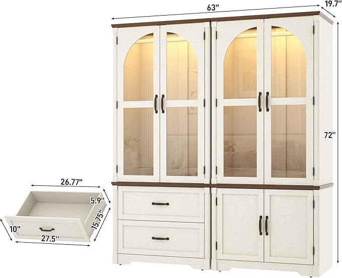 Tall Farmhouse 4 Doors Armoire Wardrobe Closet with LED ,72" Freestanding Arched Wardrobe Closet Cabinet for Bedroom w Glass Doors/Drawers,Wooden Clothing Storage Cabinet,Closets for Bedroom(Off Whit)