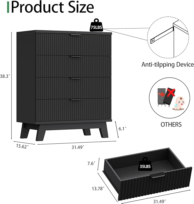 Fluted Nightstand, 31.5" Wide Side Table with 4 Large Storage Drawers, Mid Century Modern Wood Night Stand with Metal Handle, Wooden Bedside End Table for Bedroom, Living Room, Closet, Black