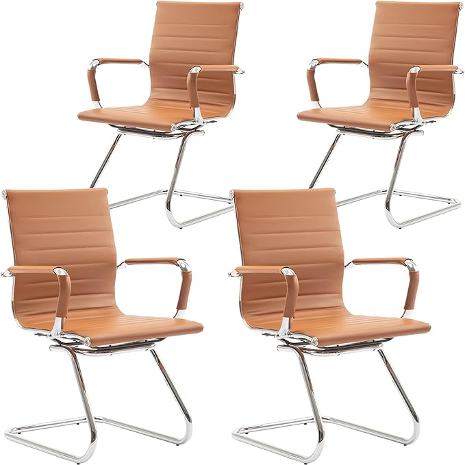 Wahson Office Guest Chairs Set of 4, Leather Reception Chairs, Mid Back Waiting Room Chair, Conference Chairs with Sled Base, Desk Chair No Wheels for Meeting/Lobby/Restroom, Terracotta