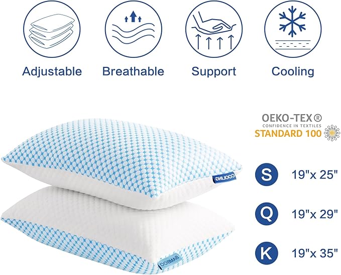 EASELAND Firm Pillow Shredded Memory Foam(Adjustable Loft), Cooling Breathable for Sleeping King Size 2 Pack