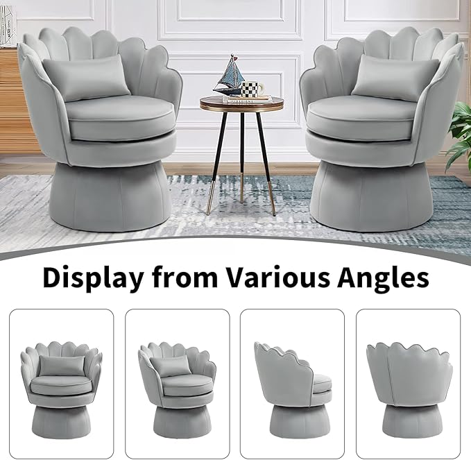 360° Swivel Accent Chair, Mid-Century Modern Velvet Barrel Chair, Comfy Shell Shape Arm Chair with Lumbar Pillow for Living Room, Bedroom, Office, Grey