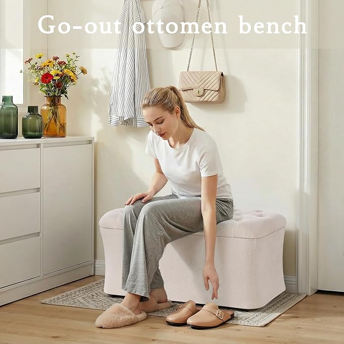 ONBRILL Storage Ottoman Bench, End of Bed Bench, 39.8 x 18.1 x 17.7 Inches Pouf Ottoman Foot Rest, Storage Benches Chest for Bedroom Entryway Living Room, Max 330 lbs, Beige