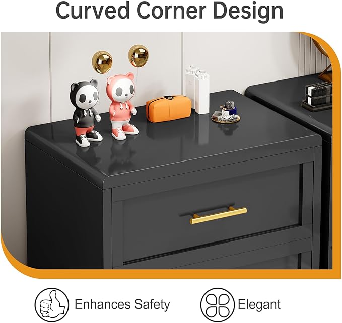 Metal Small Dresser for Bedroom, Black Dressers & Chest of Drawers, 3 Drawer Dresser with Curved Corner, Storage Cabinet for Living Room, Entryway, Home Office (Black, 24" W)