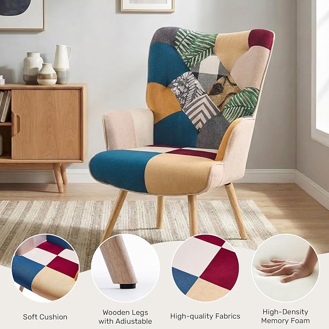 Joysoul Living Room Accent Chair Modern High Back Arm Chair, Colorful Plaid Bohemian Style Chairs for Bedroom Waiting Room