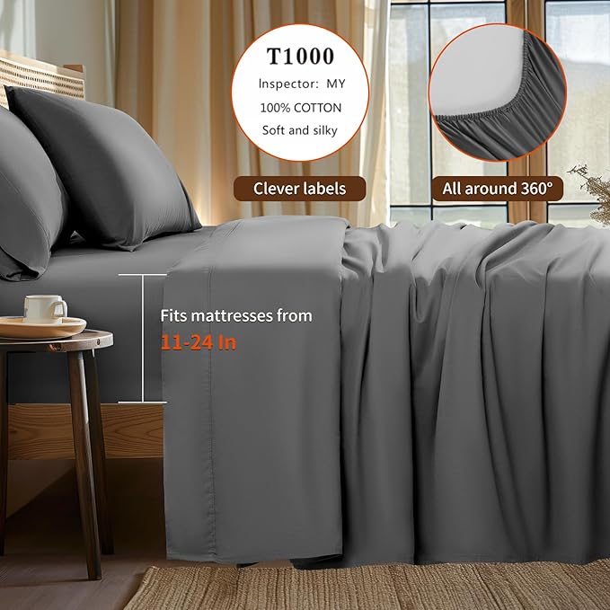 LBRO2M 100% Cotton Sheets Set Deep Pocket 24", 1000 Thread Count California King Size 4 Piece Bed Sheet Sets Soft Comfortable Bedding All Season (California King, Dark Gray)