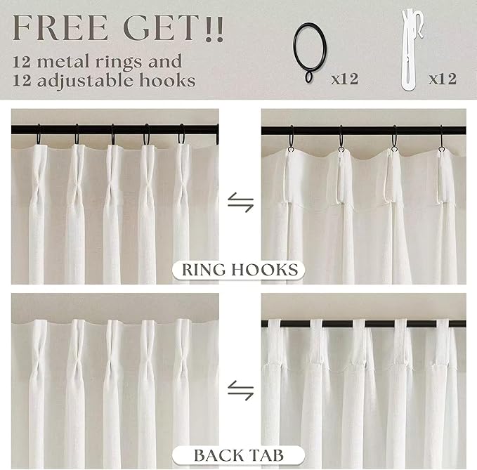Natural Pinch Pleated Linen Curtains 1 Panel for Living Room Bedroom Memory Training Shaped Semi Sheer Pleat Drapes with Hooks Rings Light Filtering Window Curtain 60x108