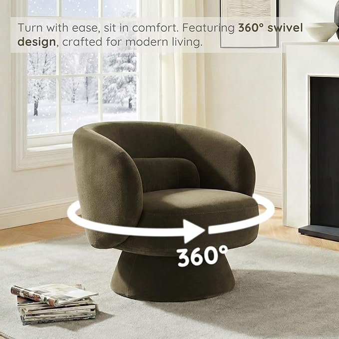 Swivel Accent Chair, Modern 360 Degree Swivel Barrel Chair with Arms & Curved Back and Lumbar Support Cushion, Comfy Round Single Sofa for Small Space, Living Room, Bedroom, Olive Rayon