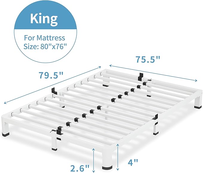 4 Inch White King Size Bed Frame, 3500Lbs Heavy Duty Metal Platform with Round Corner Legs Mattress Slide Stopper, Steel Slat Support No Box Spring Needed, Noise Free, Non-Slip, Easy Assembly
