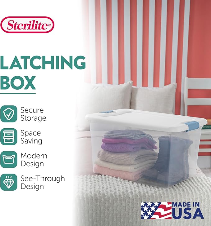 Sterilite 6-Pack Latching Box, Under Bed Storage Bins with Lids, Clear Plastic, 64 Quart - Heavy-Duty Organizing Containers for Closet, Bathroom, and Office