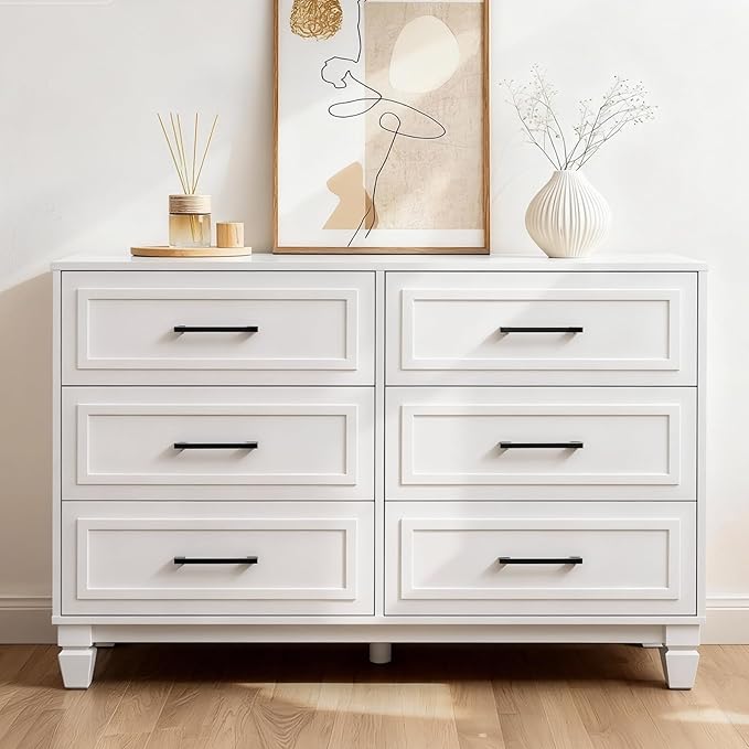 Farmhouse 6 Drawers Dresser for Bedroom, White Dressers with Unique Solid Wood Legs, Modern Wide Chest Dressers for Clothes, Closet, Living Room