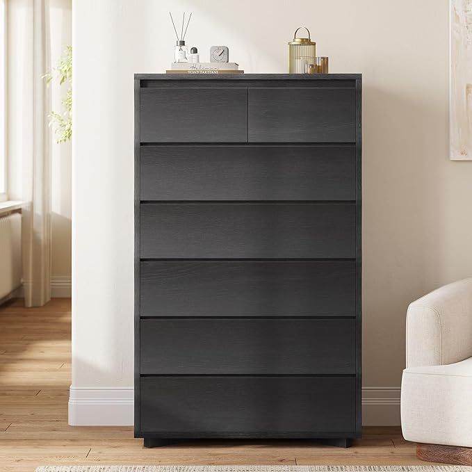 Black Tall Dresser for Bedroom, 52.8" Tall Dresser with 7 Drawers, Wood Dressers & Chests of Drawers, Accent Upright Drawer Organizers for Closet, Hallway