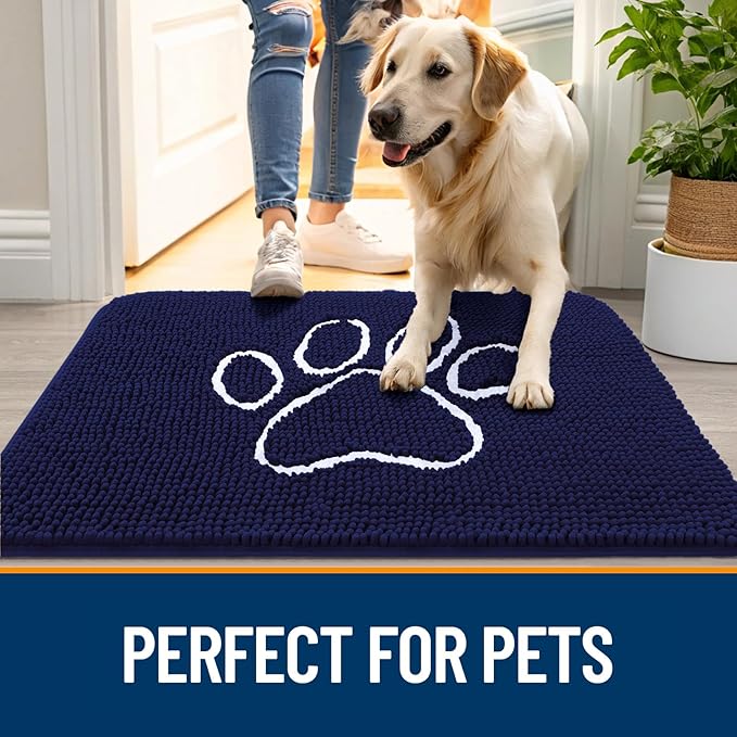 OLANLY Dog Door Mat for Muddy Paws 59x35, Paw Print Design, Absorbs Moisture and Dirt, Absorbent Non-Slip Washable Doormat, Quick Dry Chenille Mud Mat for Dogs, Entry Indoor Entryway Carpet, Navy Blue