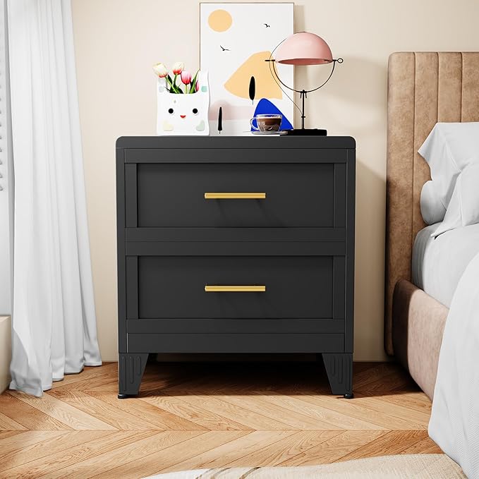 Metal Dresser for Bedroom, Small Dresser with Drawers, 2 Dressers & Chests of Drawers with Curved Corner, Storage Cabinet for Nightstand, Living Room, Hallway, Entryway (Black, 24" W)