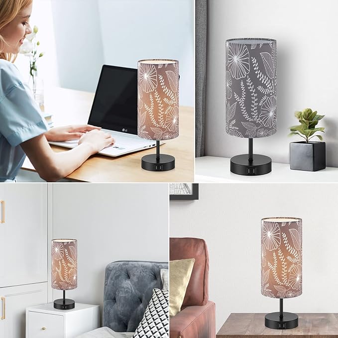 Bedside Table Lamp with 2 USB Ports, Modern Touch Control Desk Lamp with Round Flower Flaxen Fabric Shade, 3 Way Dimmable Small Nightstand Lamp for Bedrooms Living Room Dorm Gray Decor(Bulb Included)