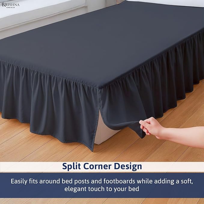 KRISHNA Ruffled Bed Skirt with Split Corners Twin, 100% Microfiber Hotel Quality, 14 Inch Drop Dust Ruffle Gathered Bedskirt with Platform, 39" x 75", Dark Grey
