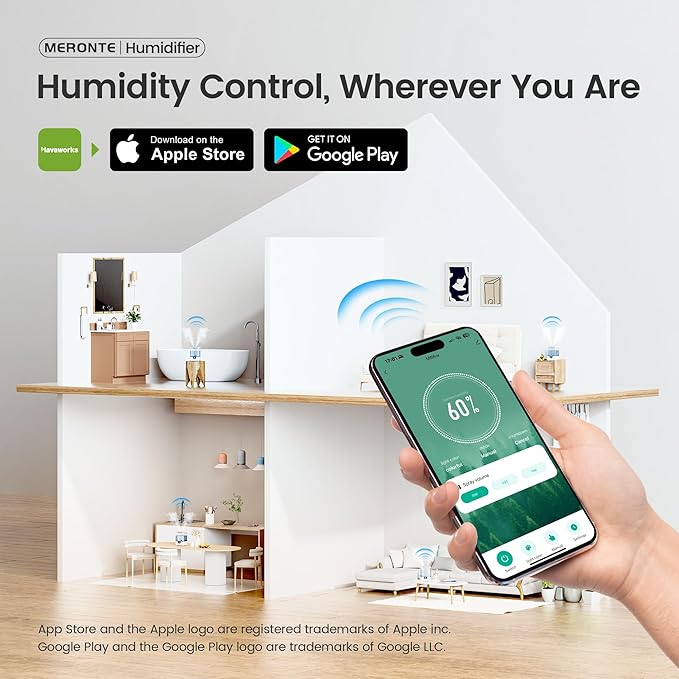 Smart Humidifiers for Bedroom Large Room Home, 6L Cool Mist Top Fill Humidifier with Essential Oil Diffuser, Smart App & Voice Control, for Nursery & Plants, Ivory, 1 Pack + 7 Color NightLight