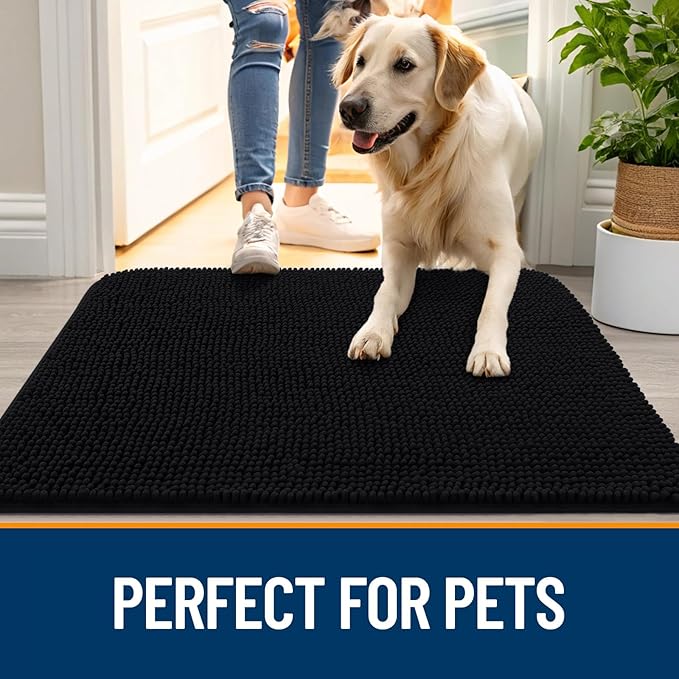 OLANLY Dog Door Mat for Muddy Paws 59x32, Absorbs Moisture and Dirt, Absorbent Non-Slip Washable Doormat, Quick Dry Chenille Mud Mat for Dogs, Entry Indoor Entryway Carpet for Inside Floor, Black