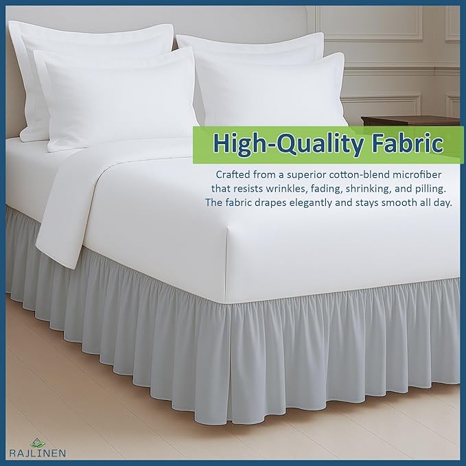 Rajlinen Ruffled Bed Skirt California King, 10 Inch Drop Dust Ruffle with Split Corners, 100% Microfiber Bedskirt with Platform, Three-Sided Coverage Ruffled Gathering Design, Light Grey