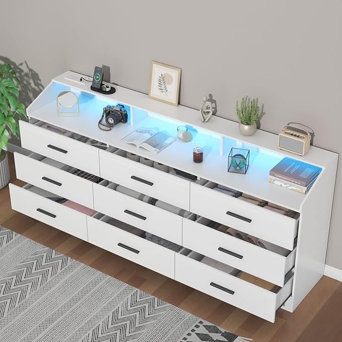 9 Drawers Dresser for Bedroom with Power Outlet, Chest of Drawers with LED Light, Modern Dressers with Open Storage Cubby, Triple Wide Dressers Organizer for Living Room (White)