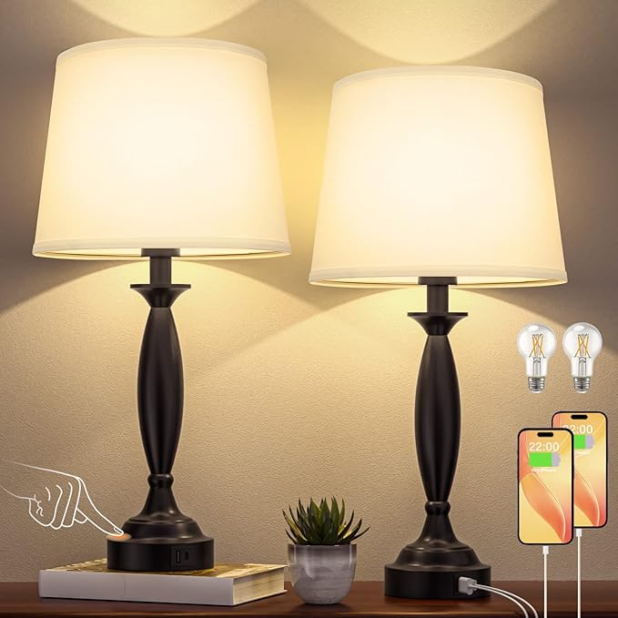 Seealle White Lamps for Bedrooms Set of 2 - Touch Control Bedside Lamp with USB C+A, 3 Way Dimmable Nightstand Lamps with USB Port, Table Lamp for Living Room(White Shade and Black Base)