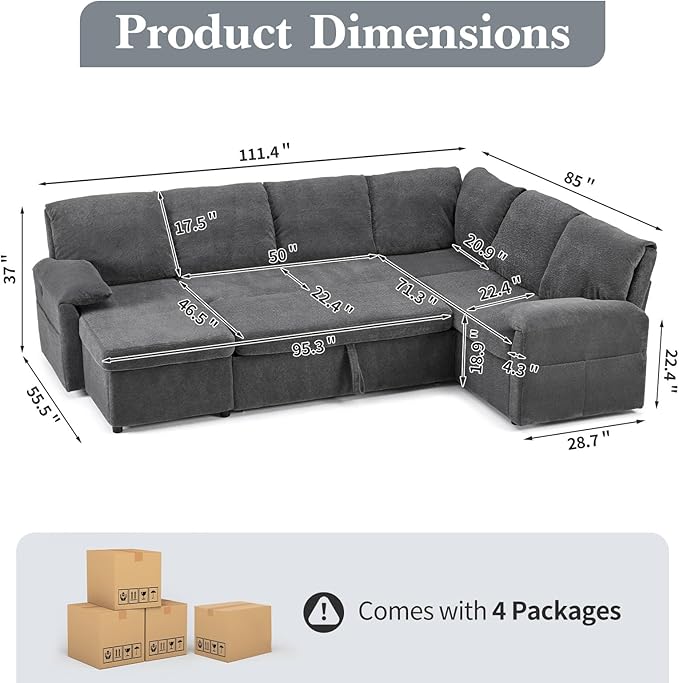 VINGLI Convertible Sofa Bed Couches for Living Room, Sleeper Sofa with Pull Out Couch Bed, Cloud-Like Plush Fleece U-Shape Sectional Couch with Storage Chaise, USB Charging, Side Pockets