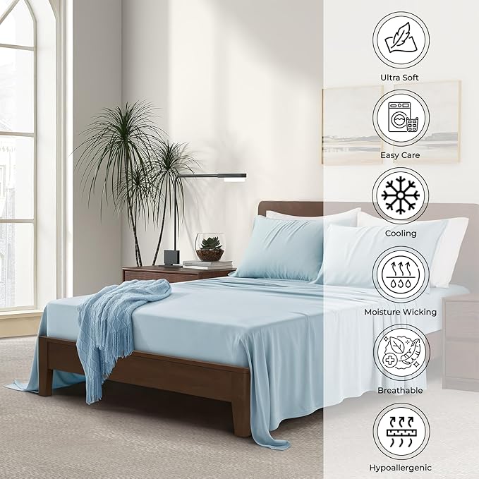 Luxury Bamboo Market | King Size Bed Sheet Set | 100% Viscose Made from Bamboo | Organically Grown | Ultra Soft | Cooling Sheets for Hot Sleepers | 17" Deep Pocket [Spa Blue]