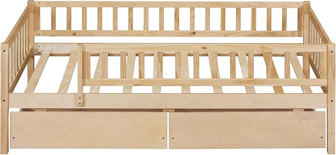 Bellemave Twin Bed Frames with Rails for Kids, Twin daybed Frame with Drawers for Boys/Girls/Adults， Natural