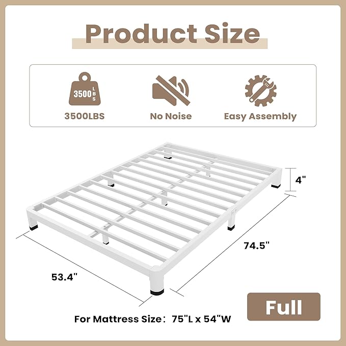 ROIL 4 Inch White Full Bed Frame with Rounded Corner and Mattress Retainers, 3500LBS Heavy Duty Steel Slats No Box Spring Needed Platform Noise-Free Easy Assembly