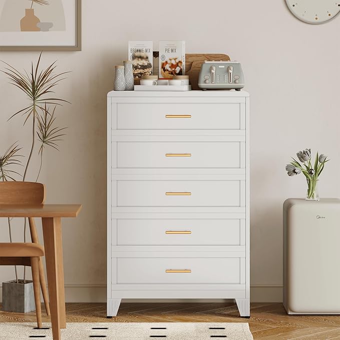 5 Drawer Dresser, Metal Tall Dresser for Bedroom, White Bedroom Dressers with Drawers, Curved Corner Design Dressers & Chest of Drawers, Storage Cabinet for Hallway, Entryway (White)