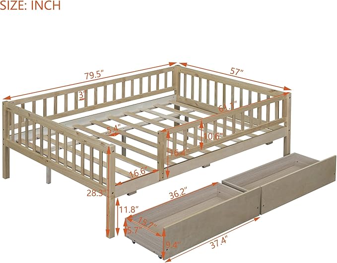 Bellemave Full Size Bed Frames with Rails for Kids, Full daybed Frame with Drawers for Boys/Girls/Adults， Natural