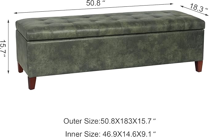 Joveco Storage Ottoman Bench, 51 Inch Tufted Leather Rectangle Bench for End Foot of Bed, Bedroom, Living Room, Deep Green