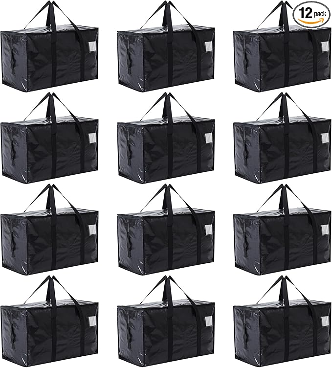Moving Bags Heavy Duty Extra Large, Moving Boxes, Moving Supplies Essentials, Blue Storage Bins with Lids, Plastic Packing Totes, Storage Bags for Clothes with Handles & Zippers(Black, 12 Pack)