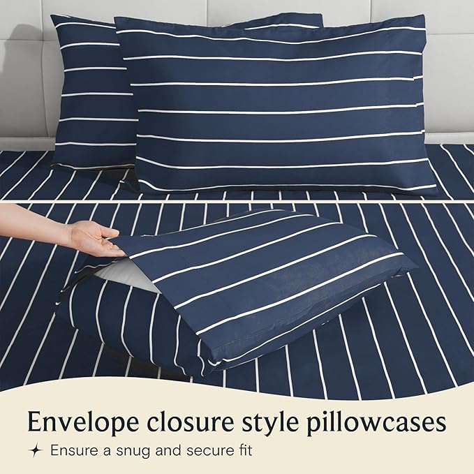 LuxClub 3 PC Twin Sheet Set, Deep Pockets Wrinkle Free Cooling Bed Sheets Hotel Bedding for Women, Men, Kids & Teens, Includes 1 Fitted Sheet, 1 Flat Sheet and 1 Pillowcase-Striped - Navy
