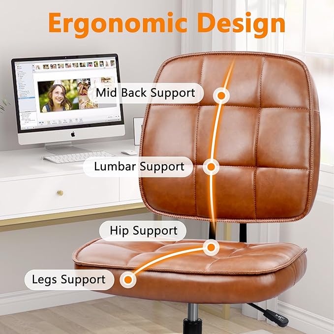 CLATINA Armless Home Office Chair with Lumbar Support and Wheels, Small PU Leather Ergonomic Low Back Desk Chairs No Arms, Adjustable Height 360° Swivel Rolling Computer Task Chair, Brown, 4 Pack