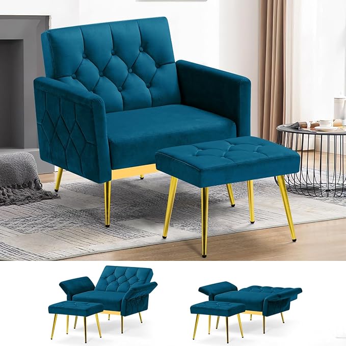 Velvet Accent Chair w/Adjustable Armrests and Backrests, Tufted Single Sofa with Ottoman, Upholstered Reading Chiar for Living Room, Apartment, Bedroom, Teal
