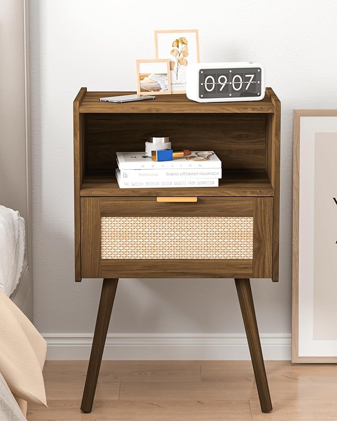 Rattan Nightstand,Modern Bedside Table with Storage Drawer and Open Wood Shelf, for Living Room, Bedroom and Small Spaces, Accent Night Stand with Solid Wood Legs, Easy Assembly,Walnut Brown