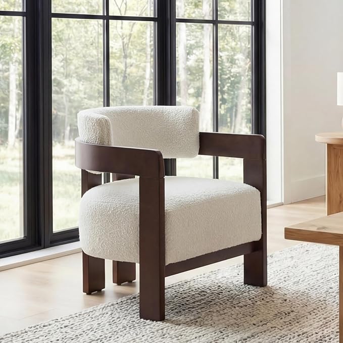 Beige Barrel Accent Chairs Set of 2, Cozy Upholstered Living Room Chair for Bedroom, Walnut Wood Frame, Vintage Modern Lounge Reading Chairs for Apartment Waiting Room Office,Beige