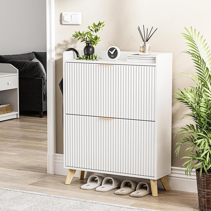 Slim Shoe Storage Cabinet for Entryway, 2 Flip Drawers Wooden Organizer with Fluted Panel, Secure Fence Top for Plants & Decor, Hidden Shoe Storage for Hallway & Foyer (White)