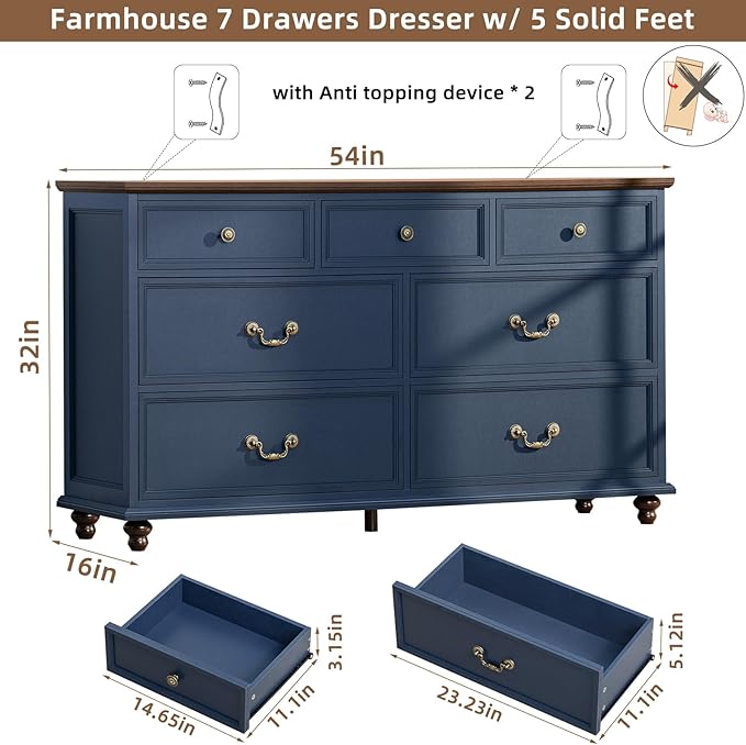 Farmhouse Furniture Set, Nightstands Set of 2 and 7 Drawers Dresser for Bedroom, 54 Inch Wide Wood Dresser and 24" Night Stands with Charging Station for Bedroom, Living Room, Hallway