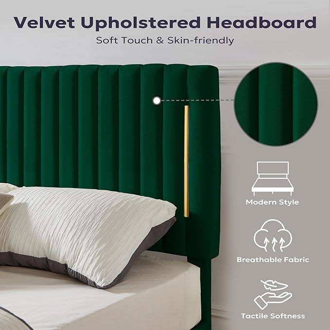 Queen Platform Bed Frame, Velvet Upholstered Bedframe with Vertical Channel Adjustable Headboard, Golden Plating Trim, Mattress Foundation with Wooden Slats, No Box Spring Needed, Green