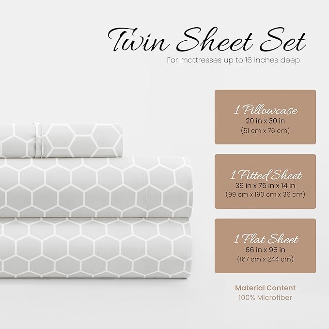 Linen Market Double-Brushed Patterned Microfiber Twin Sheet Set 3 Piece – Oeko-TEX Certified Ultra Soft & Wrinkle-Free - 16" Deep Pocket Sheets - Easy Care Twin Size - Honeycomb Light Gray
