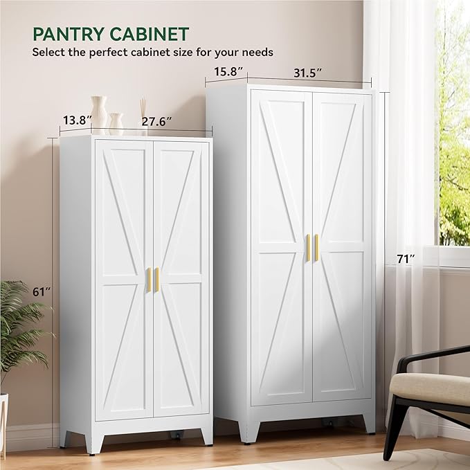 Farmhouse Pantry Cabinet with Barn Doors,61" H x 27.5" W,Metal Cabinet with Adjustable Shelves,4-Tier Storage Cabinet for Kitchen Dining Room Garage,White
