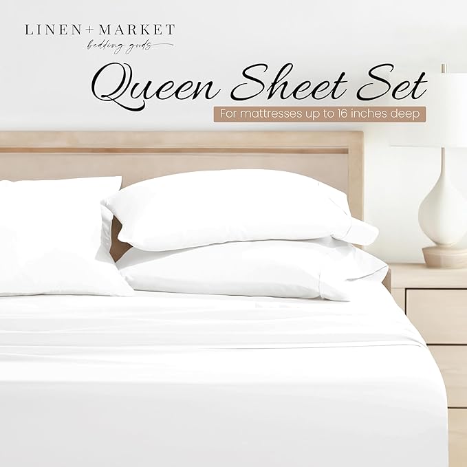 Linen Market Brushed Microfiber Queen Sheet Set 4 Piece – Oeko-TEX Certified Ultra Soft & Wrinkle-Free - 16" Deep Pocket Sheets - Easy Care Queen Size - White