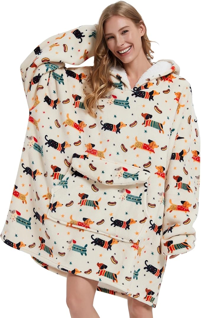 Wearable Blanket Hoodie for Adult,Oversized Sherpa Fleece Blanket Hoodie for Women Men,Dachshund