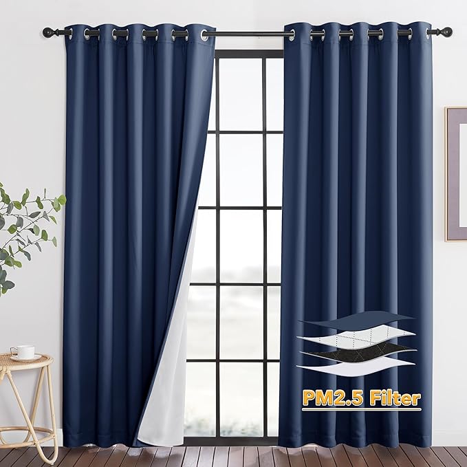 RYB HOME Dustproof Curtains for Large Window, Soundproof Thermal Insulated Blackout Curtains for Sliding Glass Door Furance Office Dorm Bedroom Living Room, Navy Blue, W62 x L95 inch, 2 Panels