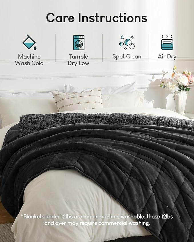 Cottonblue Weighted Blanket 15lbs 80x87 Inches for Queen King Size Bed, Ultra Soft Sherpa Weighted Throw Blankets for Relax and Sleep, Cozy Comfort Heavy Bed Blankets with Cemaric Beads, Black