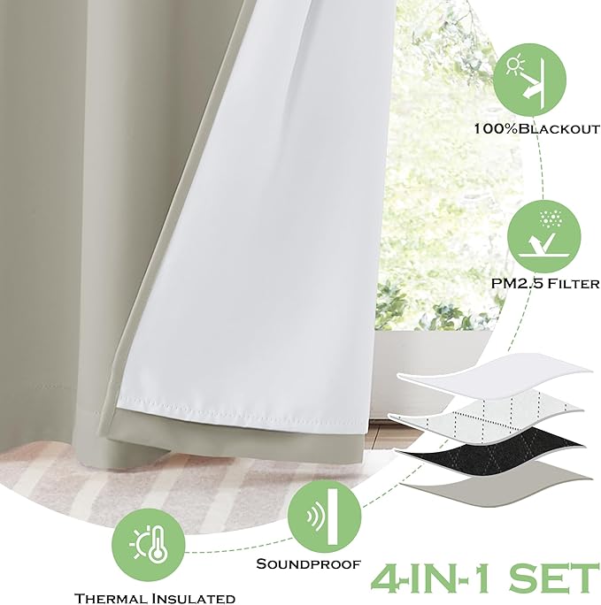 KGORGE Anti Dust Soundproof 100% Blackout Curtains 4 Layers Heavy Duty Energy Efficiency Window Curtains for Living Room Baby Bedroom Home Office Studio, Wide 52 x Long 95 inches, Nature, 2 Panels